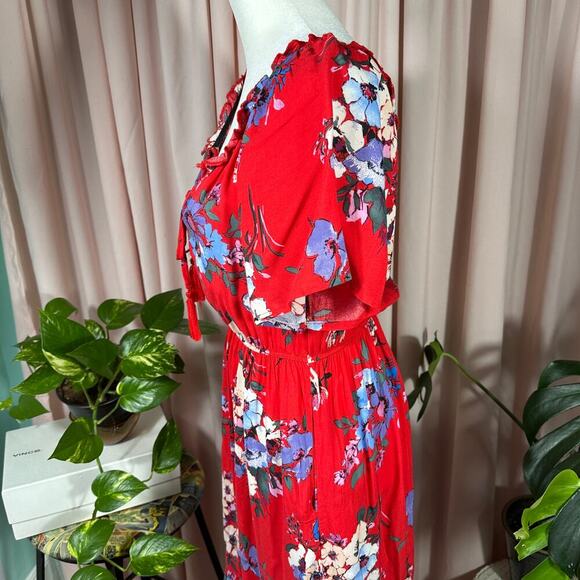 Band of Gypsies Floral Boho Maxi Dress XS Red Viscose Peasant Puff Sleeve Lace - Picture 6 of 12